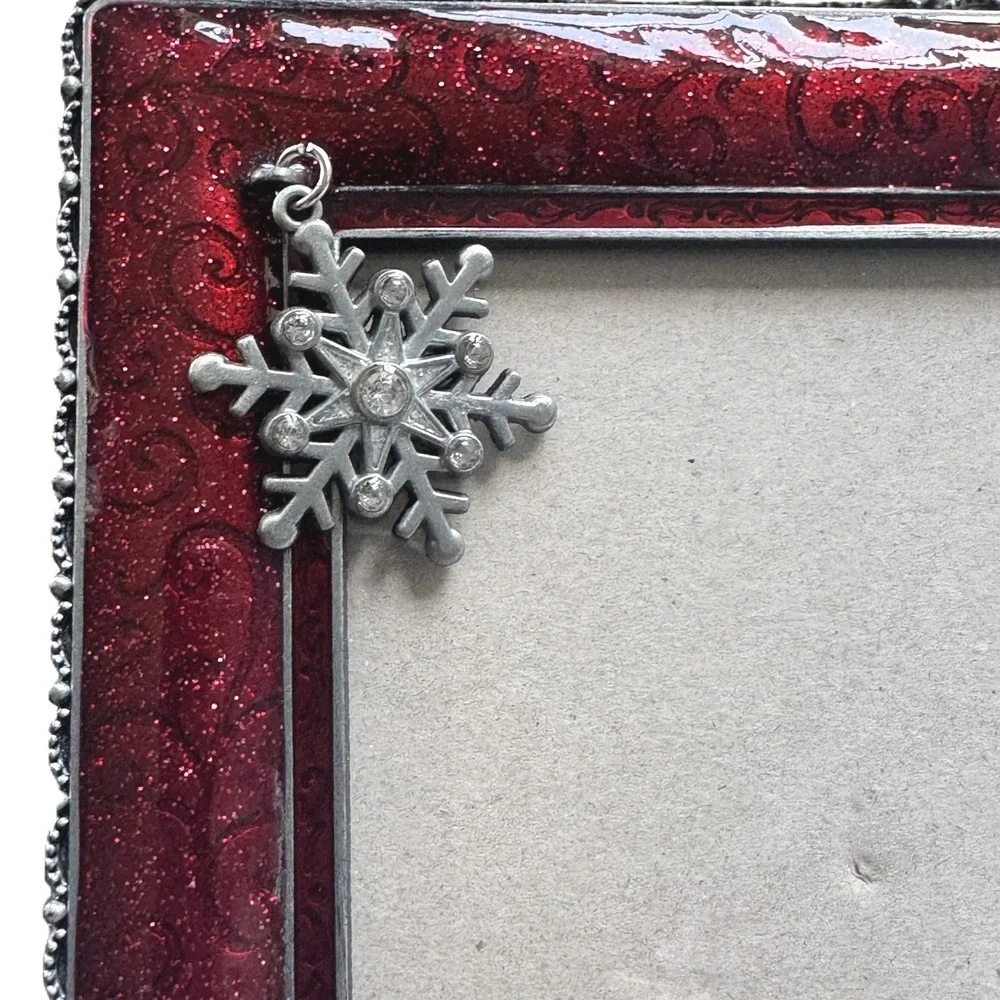 Red Glitter Snowflake Enamel 5x7 Picture Frame Sparkly Christmas Holiday Decor